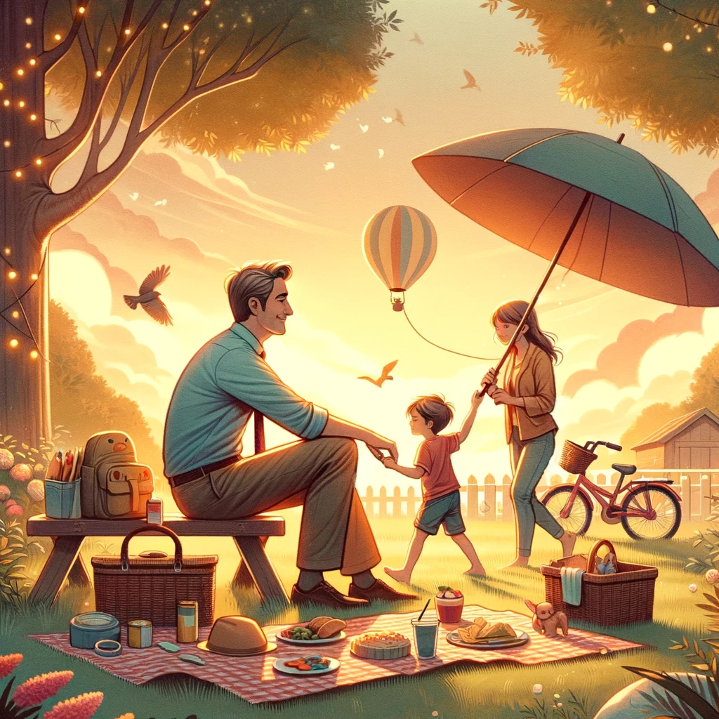 DALLE 20240302 234723 Illustrate a heartwarming and inspirational scene depicting the story of JD a father who left the highpressure world of IT to spend more time with h Home Dad Hustles Home Dad Hustles